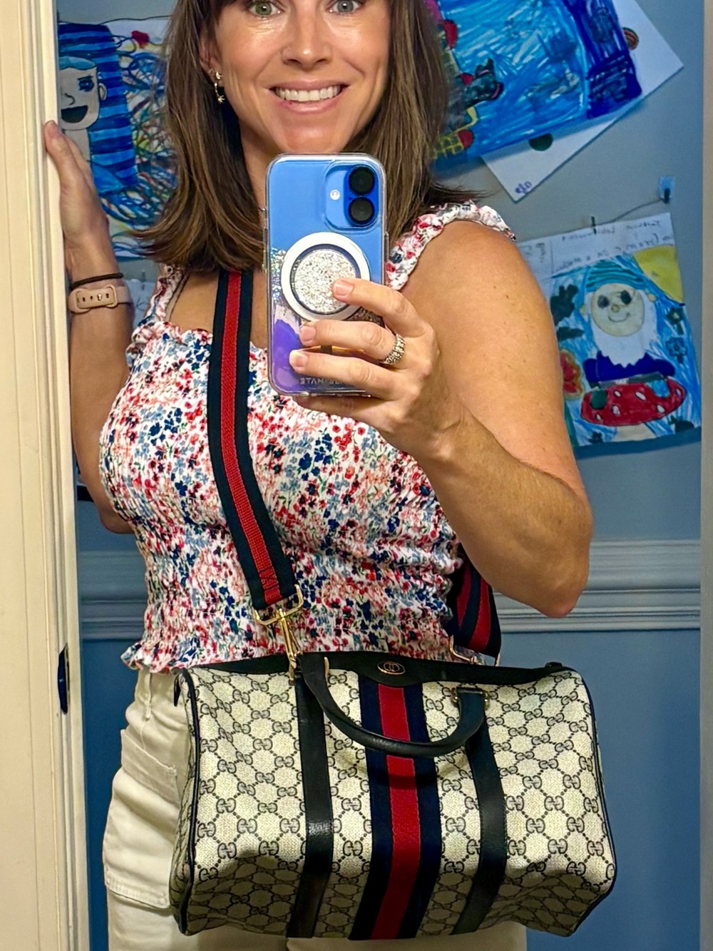 Gucci Vintage GG Supreme Mono Boston Bag-Navy/Red Web Stripe - Picture 3 of 16